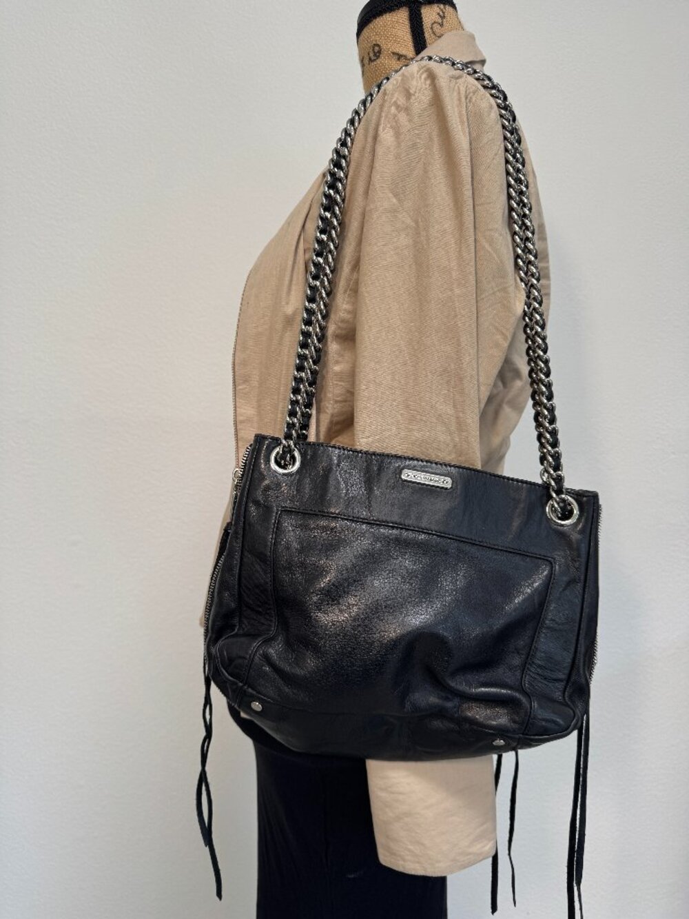 Y2k alternative slouchy black leather bag silver hardware